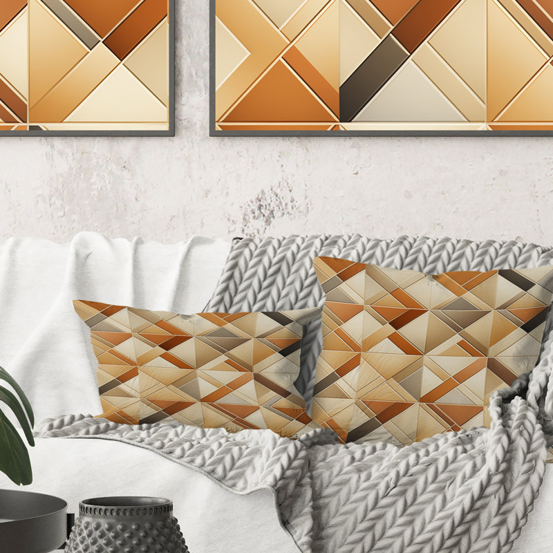 Coussin décoratif à motif géométrique beige et brun, H 16 po x l 16 po