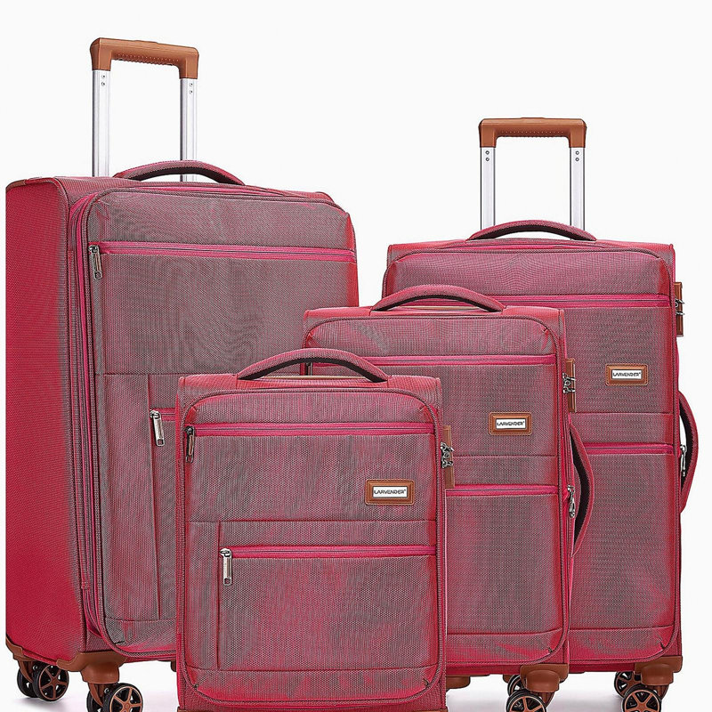 Ensembles de valises 4 pièces, valises souples avec roulettes, rose rouge