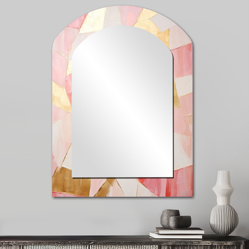 Pink And Gold Tessellations I - Abstract Shapes Arch Wall Mirror, Gold Asymmetrical Decorative Mirror, Printed Metal Art