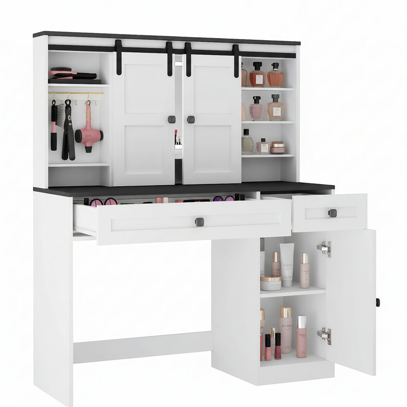 43-inch-wide Vanity With Illuminated Mirror And Makeup Drawers, Vanity Set Includes Hairdryer Holder