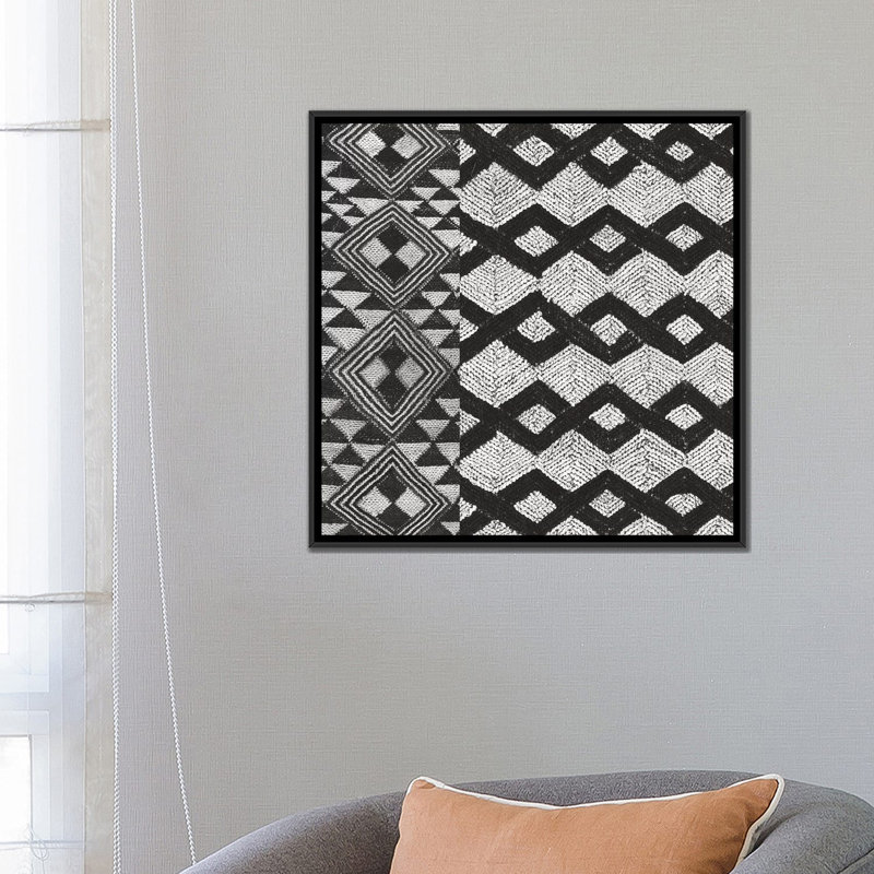 «Kuba Tissu Mat I, B&W», impression sur toile, H 26 po x l 26 po x P 1,5 po, Toile avec cadre noir, Pas de tapis