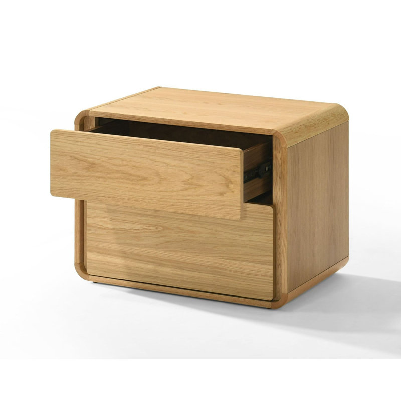 Oak 2-Drawer Solid Wood Nightstand with Rounded Edges