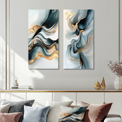 Abstrait écho glaciaire doré de reflets liquides I - Collection abstraite d'art mural 2 panneaux