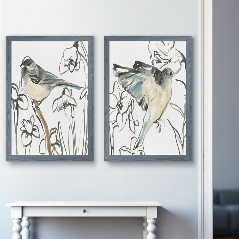 Songbird Meadow - ensemble de 2 peintures encadrées, H 24 po x l 18 po, Toile encadrée, Gris