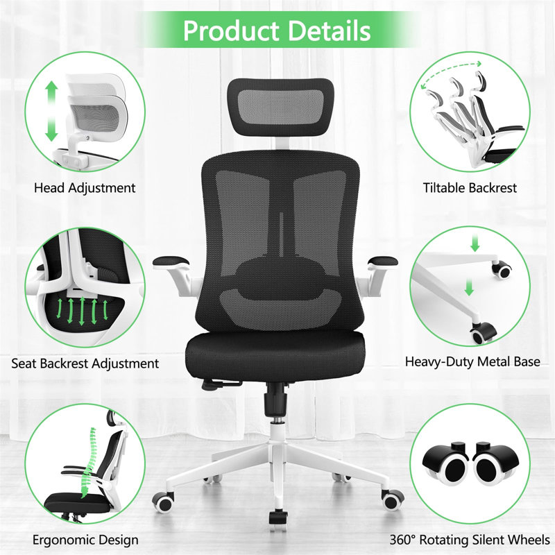 Fauteuil de bureau ergonomique Oladele Home, Blanc, Noir