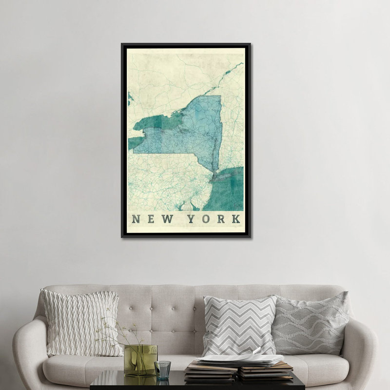 «New York Map», impression sur toile, H 60 po x l 40po x P 1,5 po, Toile avec cadre noir, Pas de tapis