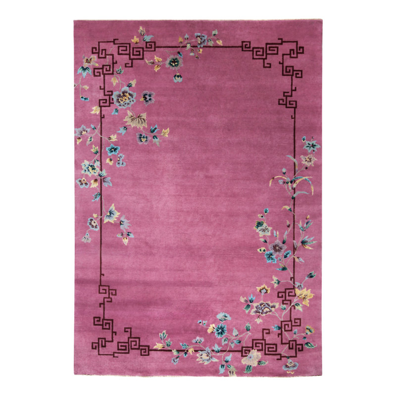 Art Deco Hand Knotted Wool Floral Area Rug, Rectangle 10' x 14'