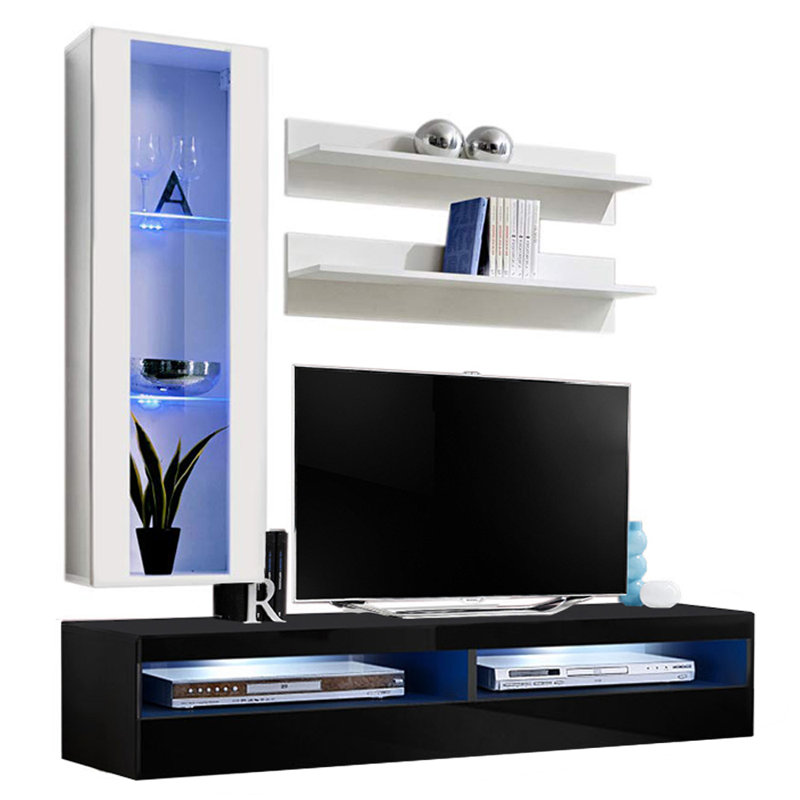 Laryssa 63" Modern Floating Wall Mounted Entertainment Center with 16-Color LED Lighting, High Gloss Finish, White/Black