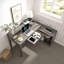 Bureaux, bureau en L moderne avec mini huche, 3 tiroirs et amp; Port de charge | Gris | Panneau de particules et panneau de fibres à densité moyenne