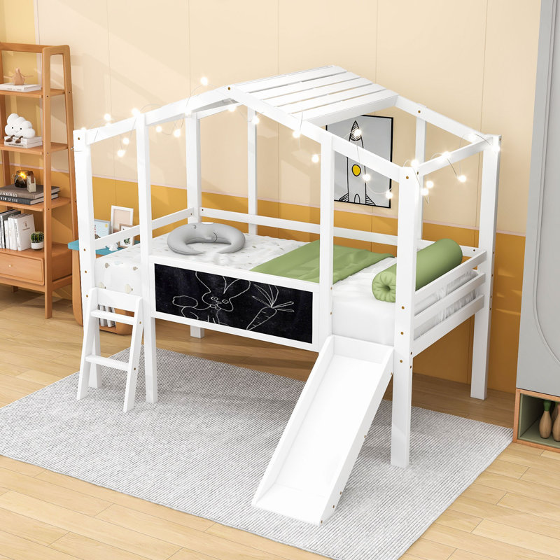Lit mezzanine simple en bois avec bande lumineuse, glissade intégrée et tableau noir, Blanc