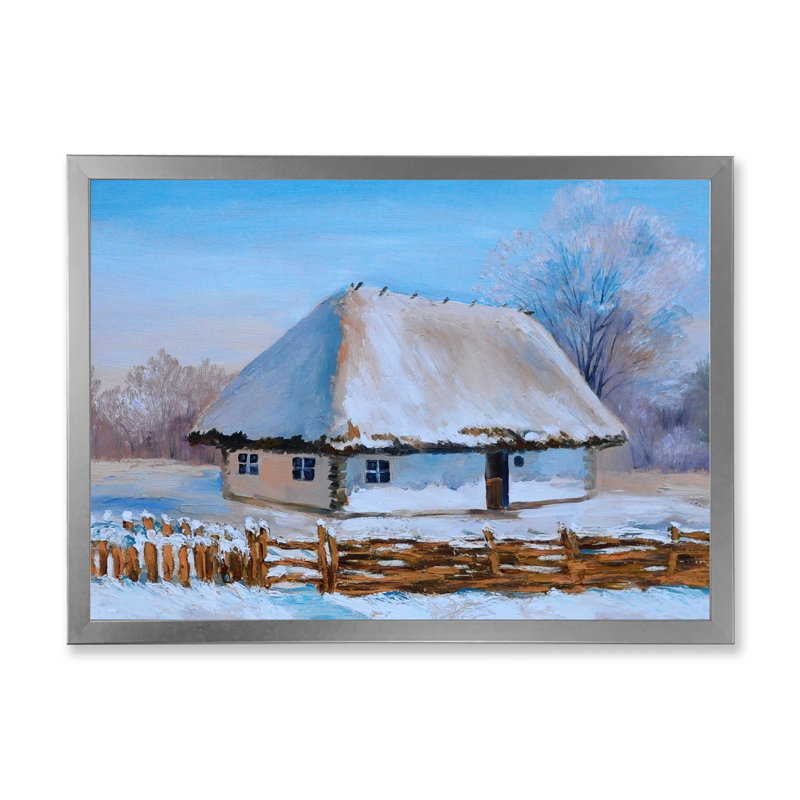 Maison de campagne traditionnelle recouverte de neige I - peinture sur toile, H 30 po x l 40 po x 1,5 po, Encadrement argenté