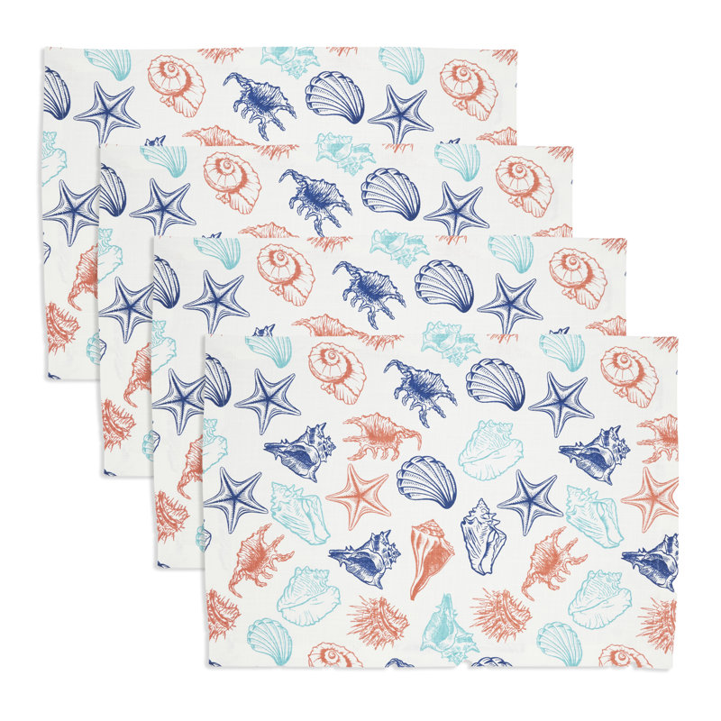 Ocean Breeze Multicolor Fabric Sea Shells Placemats Set