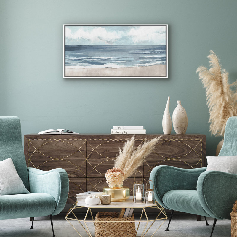 Art mural sur toile 15 x 30 avec sable beige, océan bleu et ciel blanc - art mural plage côtière, 15 po x 30 po
