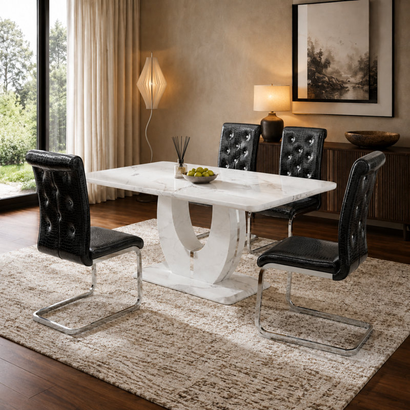 Ensemble de salle à manger moderne de 5 pièces en faux marbre avec des chaises rembourrées en similicuir, Noir