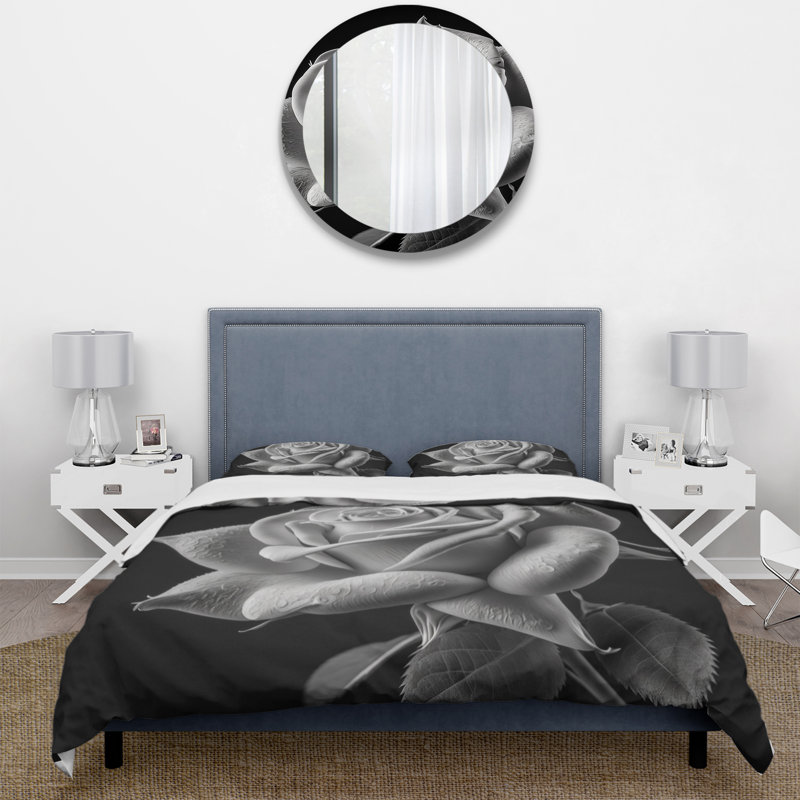 Ensemble de housse de couette en microfibre / polyester Blossoming White Rose On Black I Bedding