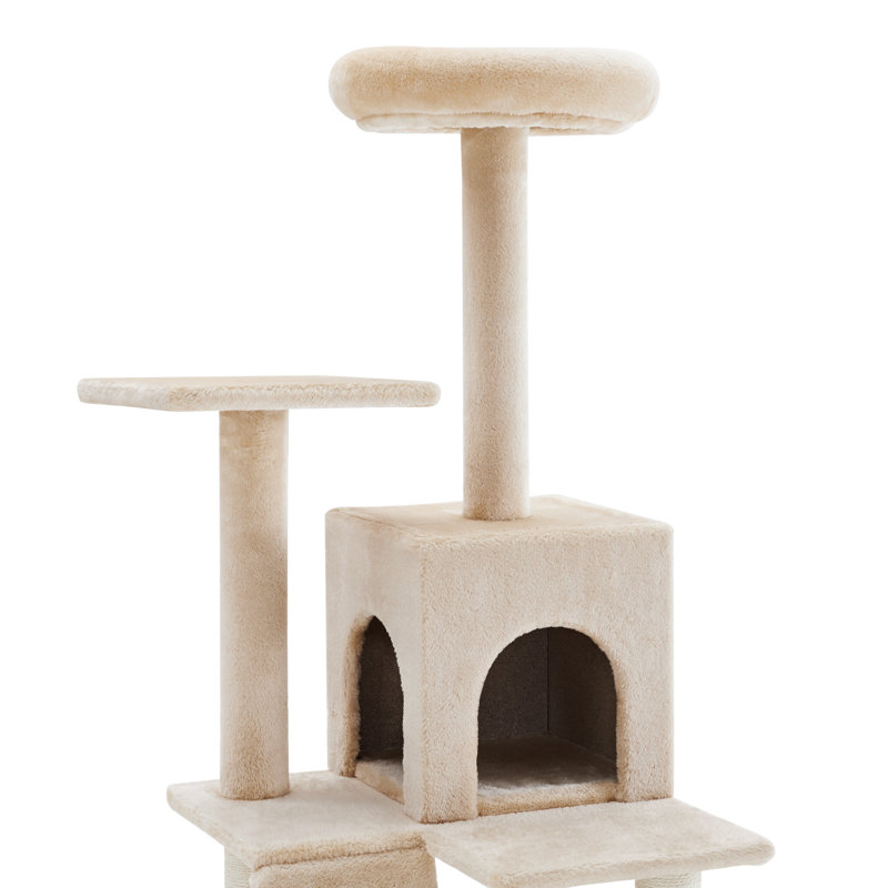 Cream Plush Polyester Double Decker Cat Tree with Hammock