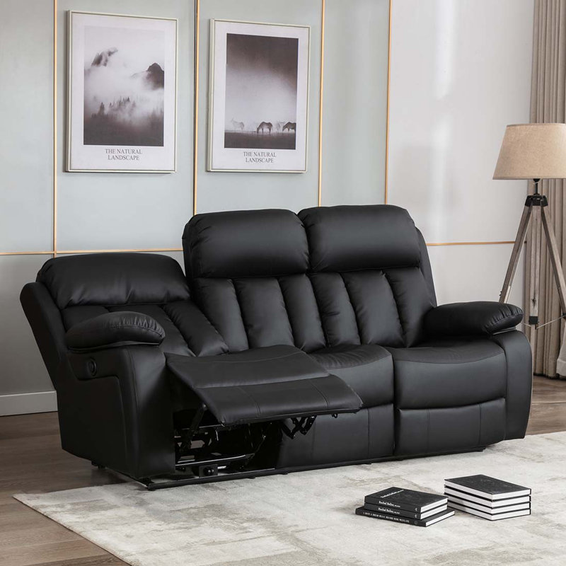 Deneka 3 Seater Linen Reclining Sofa, Black