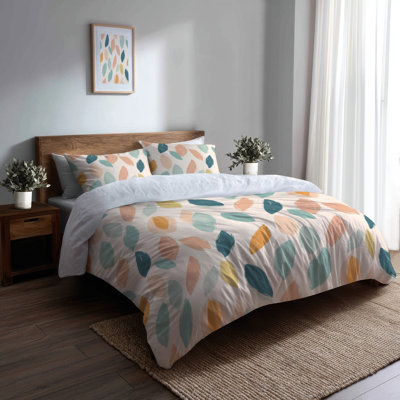 Abstract 3 Pcs Bedding Set - Contemporary Boho Blue And Pink Boho Petals Duvet Cover And Throw Pillow Set