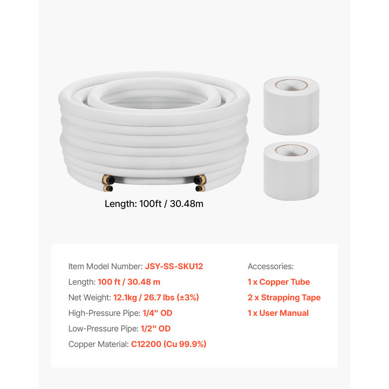 100ft Mini Split Line Set, 1/4” & 1/2” OD AC Copper Tubing Pipe, 3/8 White PE Thickened Insulated Coil with Flared Nuts, Strapping Tapes, for Mini Split Air Conditioner HVAC or Heat Pump System