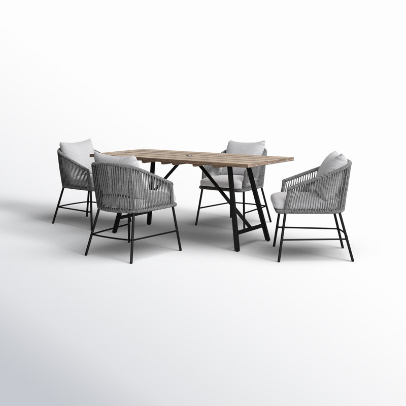 4 - Person Patio Dining Set with Rectangular Table , Cushions Included, Natural Table/Light Gray Cushion