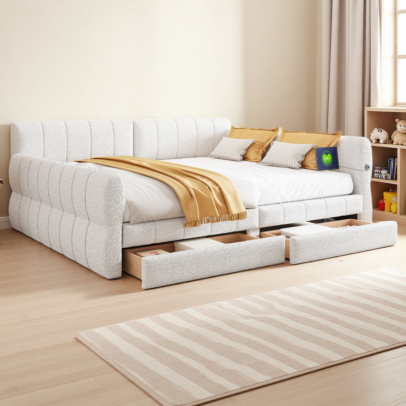 Grand lit plateforme tapissier avec port USB et 2 tiroirs, Blanc