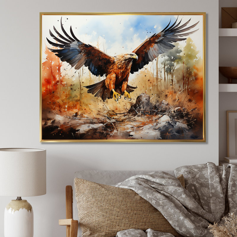 Aigle en vol chasse sur toile, H 12 po x l 20 po x P 1 po, Cadre flottant doré
