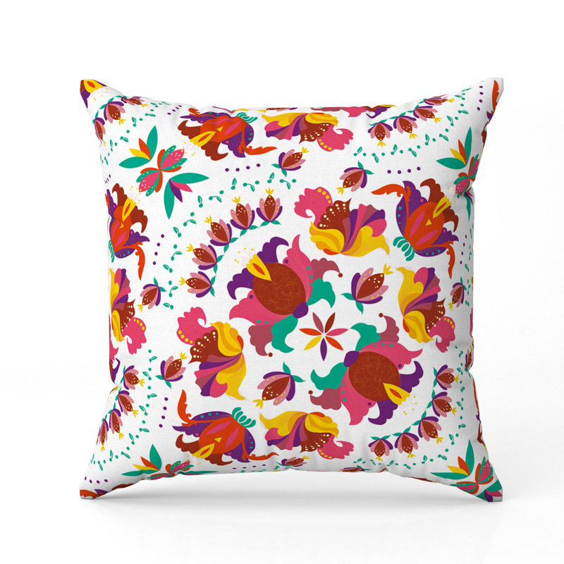 Coussin Folk Art Flourish, H 16 po x l 16 po, Rouge / rose