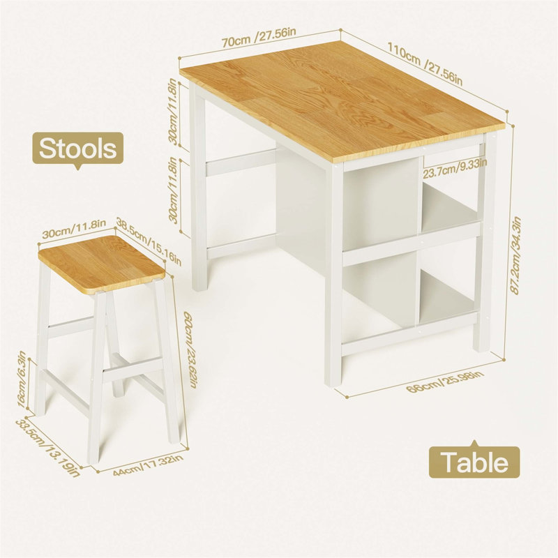 Ensemble de table de salle à manger 3 pièces, avec table fixe, Blanc