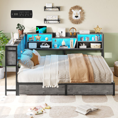 Lit de jour avec 2 tiroirs de rangement et station de recharge, cadre de lit d'angle en forme de L avec bibliothèque intégrée et éclairage DEL pour salon, chambre et chambre d'amis