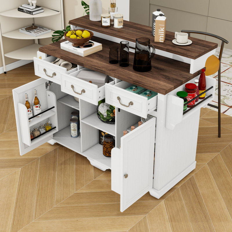 Rolling Kitchen Island with Storage, Adjustable Shelves, Power Outlet, 3 Drawers and Bar Counter, Rustic White