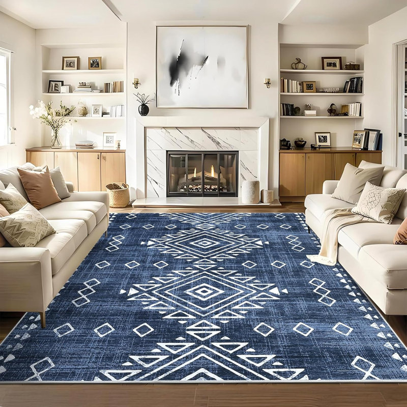 Geometric Vintage Hallway Rug, Machine Washable Non-Slip Low Pile, Distressed Tribal Carpet for Entryway, Rectangle 9' x 12'