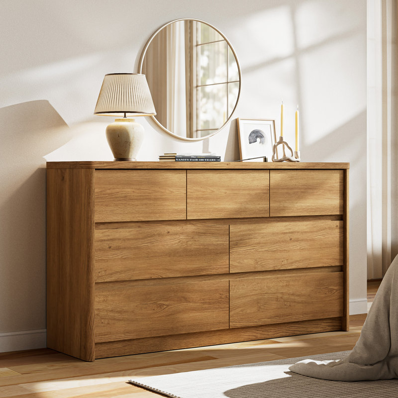  7 Drawer Dresser For Bedroom, Curved Edge Design Modern Dressers & Chest Of Drawers, 55" Wide Nursery Dresser,7 Drawer Large Dresser For Bedroom Natural Oak