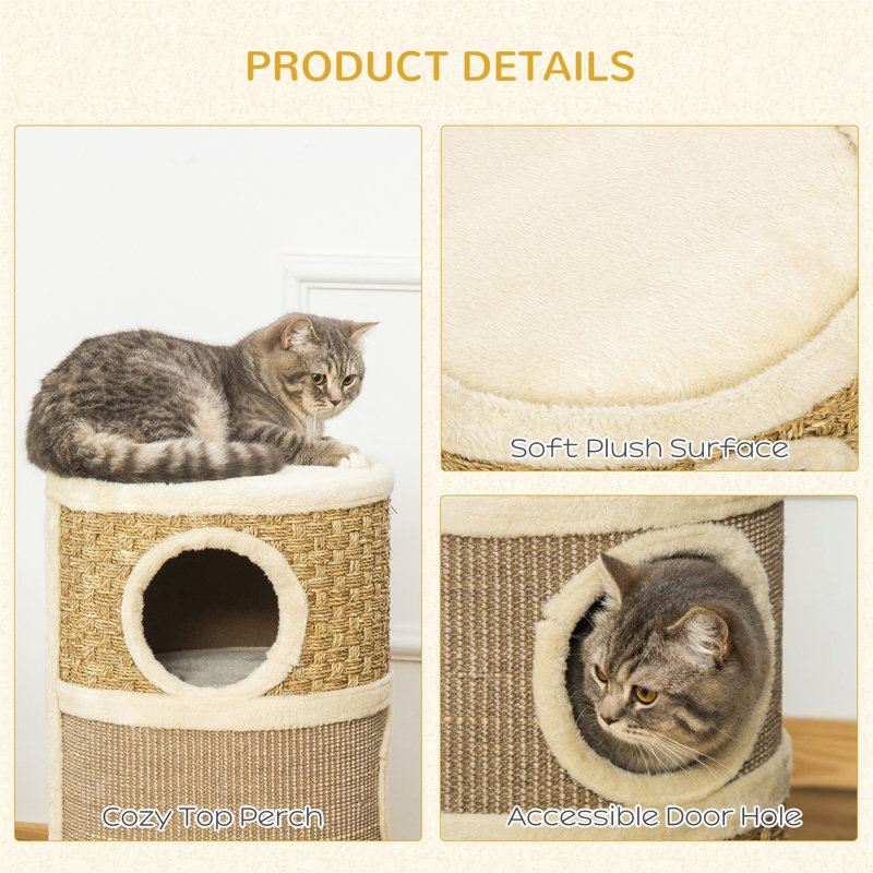 Khaki and Beige Sisal 3-Story Cat Condo with Scratching Pad