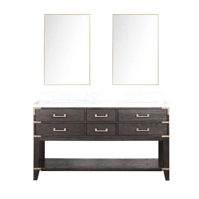 Meuble-lavabo double en chêne brun 60 po X 22 po, comptoir en marbre, 28 miroirs - fermeture en douceur, espace de rangement suffisant pour 4 tiroirs et tablette ouverte avec meuble-lavabo, surface, grande surface