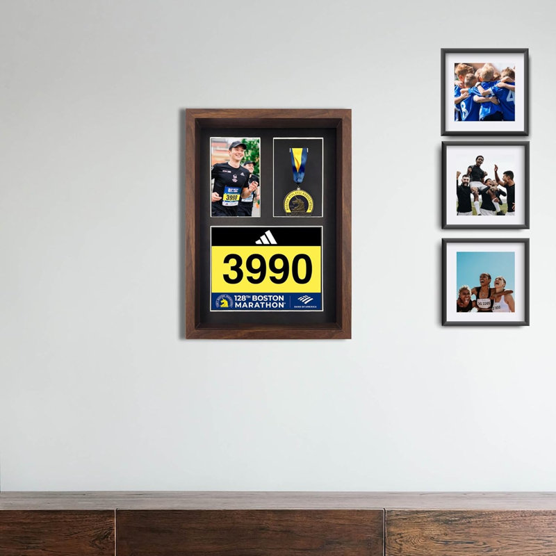 3-in-1 Shadow Box Display with Real Glass (Medal, Race Bibs, and Photo Display) – Marathon Medal Display and Frame, Triathlon & Running Bib Holder, Wall-Mounted, Real Tempered Glass