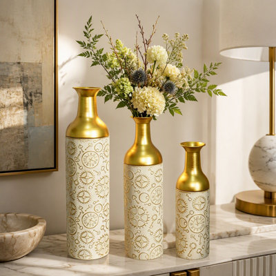 Ensemble de 3 vases en métal décoratifs faits à la main avec motif de feuilles