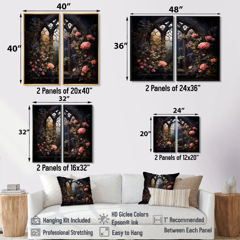 «Floral Window», art mural 2 pièces, Noir, H 36 po x l 48 po, Impression encadrée flottante