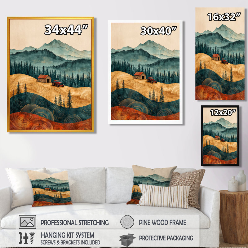 Gerassimos grange avec paysage de tracteur sur un dessus de brun II - ferme, art mural, Argent argent, H 32 po x l 16 po