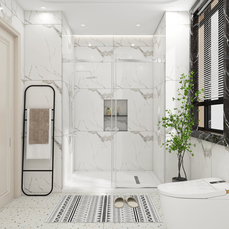 56-60 "W X 76"H Single Sliding Frameless Shower Door In Brushed Nickel, Brushed Nickel