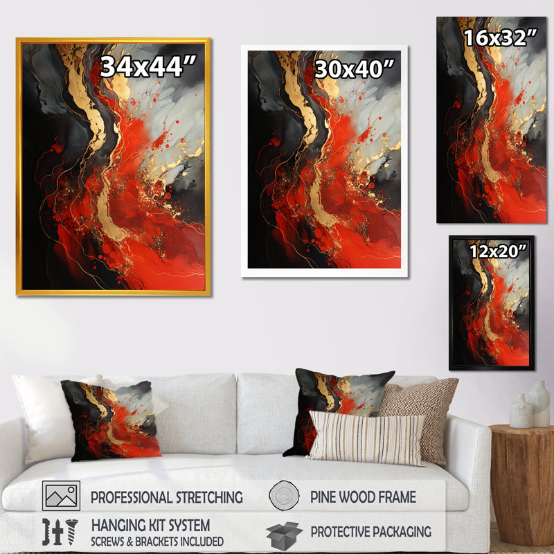 Rouge et volcan en marbre doré V - art mural abstrait, Toile tendue, 20" H x 12" W