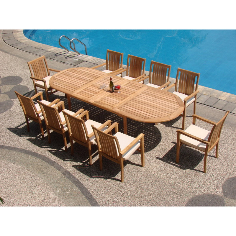 13 Pc Luxurious Grade-A Teak Dining Set - 117" Oval Table And 12 Cahyo Stacking Arm Chairs #01Chd, 30.5" H x 117" L x 40" W