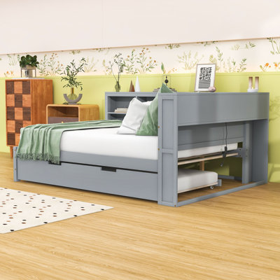 Elegant Wooden Daybed with Trundle, Built-In USB Charging Station and Storage Shelves