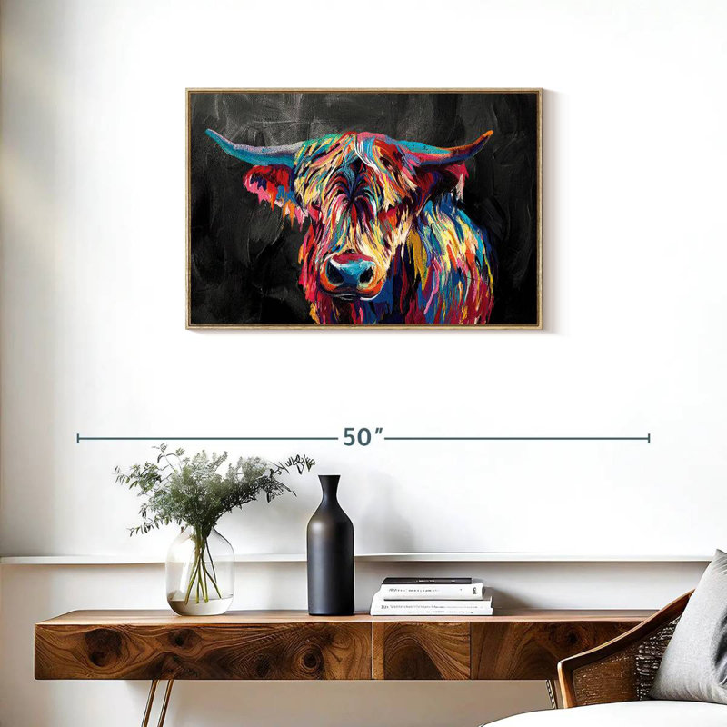 Vache Highland colorée, Cadre flottant en bois naturel, 31 po x 21 po