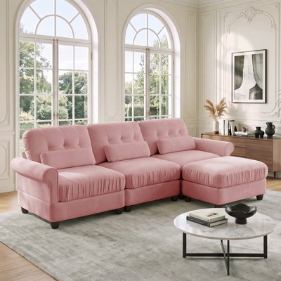 Canapé d'angle modulaire 3 places en chenille avec pouf, coussin d'assise à bord froncé, accoudoirs arrondis et coussins lombaires assortis, coussin d'assise rembourré haute densité pour salon, appartement, rose