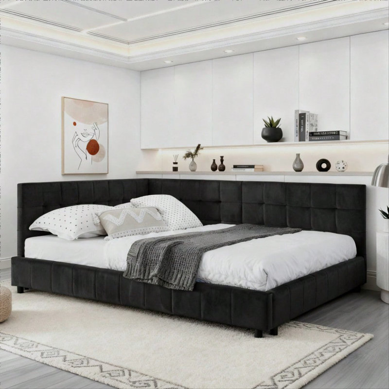 Full Size Bed Frame with Comfortable Backrest, Upholstered Tufted Sofa Bed for Bedroom and Living Room, Velvet Fabric, Easy Assembly,Mattress not included