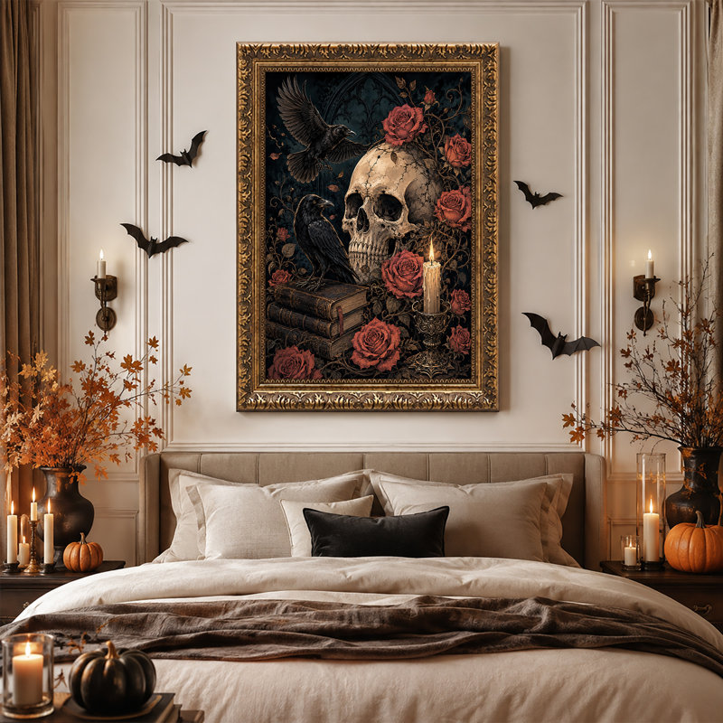«Black Crows and Skull with Red Roses», art mural sur toile, H 18 po x l 12 po
