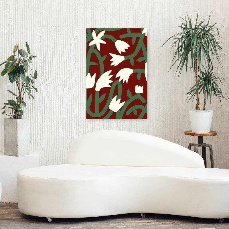 Illustration murale abstraite et contemporaine de fleurs cramoisies et de vignes, représentant des fleurs naturelles.