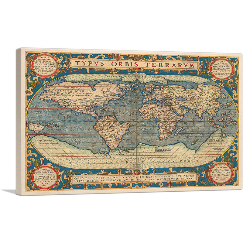 «Typus Or bis Terrarum 1587» par Abraham Ortelius, impression sur toile tendue, H 18 po x l 26 po x P 1,5 po