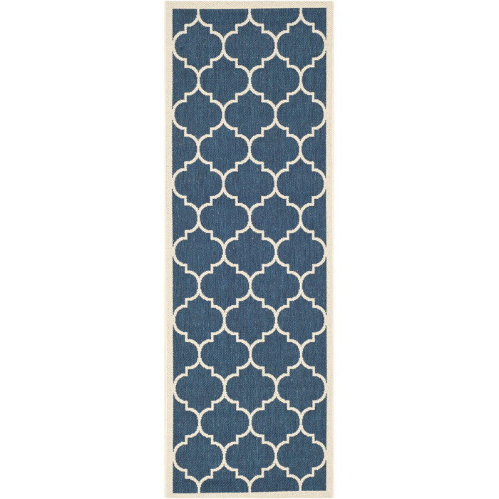 Tapis d'intérieur / extérieur à motif géométrique Courtyard Performance, Tapis de couloir 2 pi 3 po x 12 pi, Beige / marine