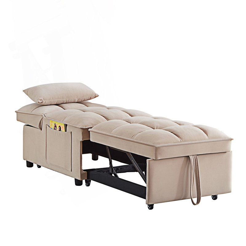 4 In 1 Multi-Function Single Sofa Bed With Storage Pockets, Tufted Single Pull-Out Sofa Bed With Adjustable Backrest, Taupe